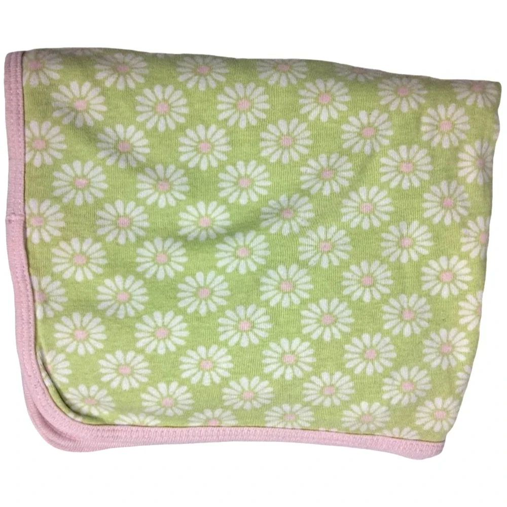 Carter's Green Pink Daisy Flower Cotton Baby Girl Blanket Jersey Knit Stretchy